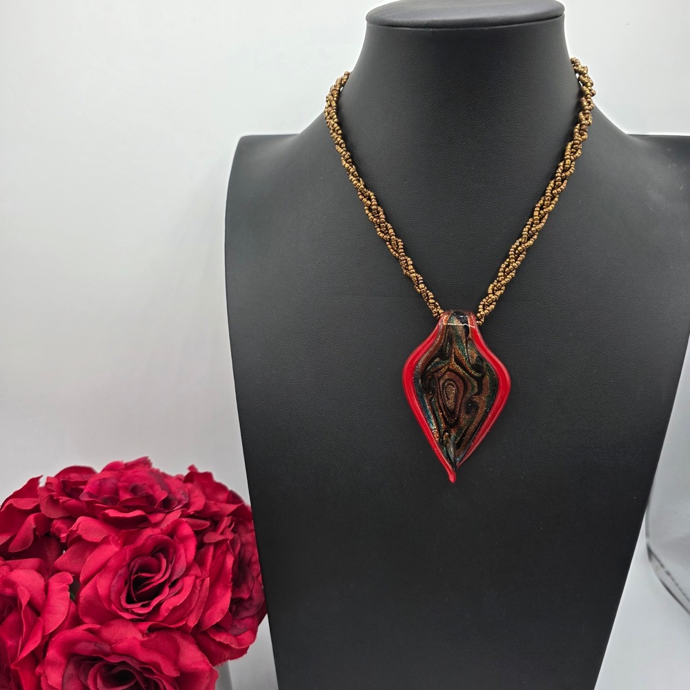 Art Glass Dichroic Red Gold Pendant Twisted Bronze Seed Bead Necklace Adjustable